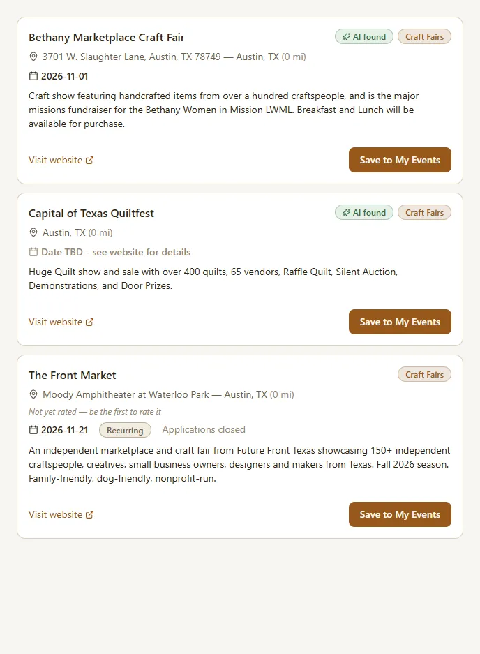 MarketScout Discover page showing craft fair search results near Austin, TX, with two events tagged AI found